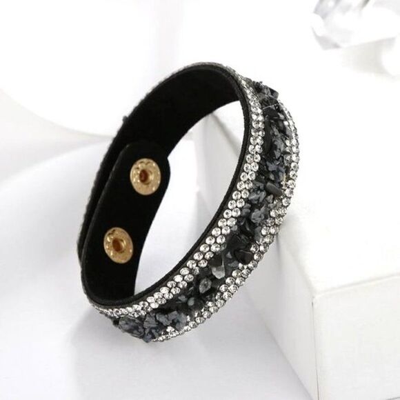 Black Faux Leather with Crystal and Chip Boho Adjustable Bracelet - Picture 9 of 9